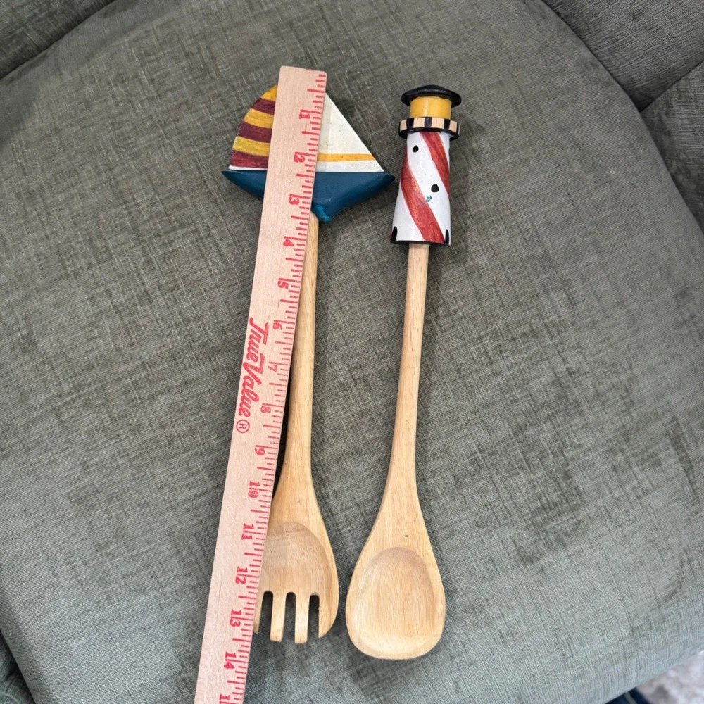 Vintage Salad Servers Wood Painted Nautical Lighthouse Sailboat Set Coastal